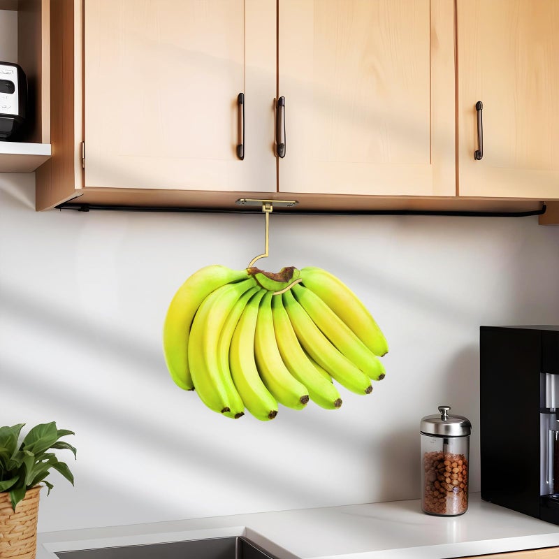 CAPHONT 2 Pack Foldable Metal Banana Hook Under Cabinet - Hanger to Keep Bananas Fresh, Holder for Other Kitchen Items (Gold) - Image 5